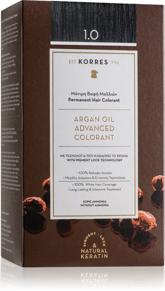 Стойкая краска для волос Korres Argan Oil с аргановым маслом, для домашнего окрашивания, 50 мл, оттенок 1.0 Black