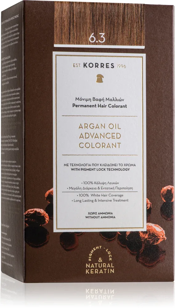 Стойкая краска для волос Korres Argan Oil с аргановым маслом, для домашнего окрашивания, 50 мл, оттенок 6.3 Golden / Honey Dark Blonde