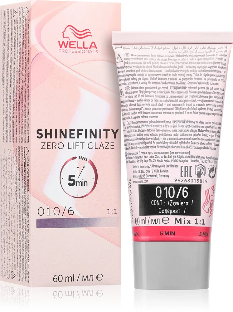 Wella Professionals Shinefinity Zero Lift Glaze - Деми-перманентная краска для волос, 60 мл, оттенок 010/6 Lavender Flash