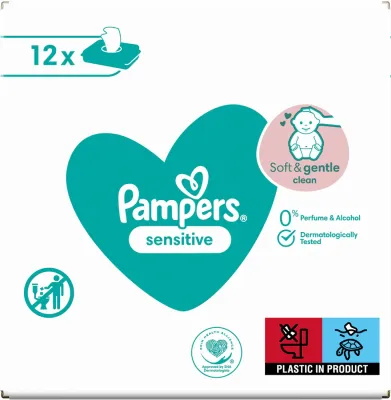 Pampers Sensitive - Увлажняющие очищающие салфетки для детей с чувствительной кожей, 15 шт, 12 шт