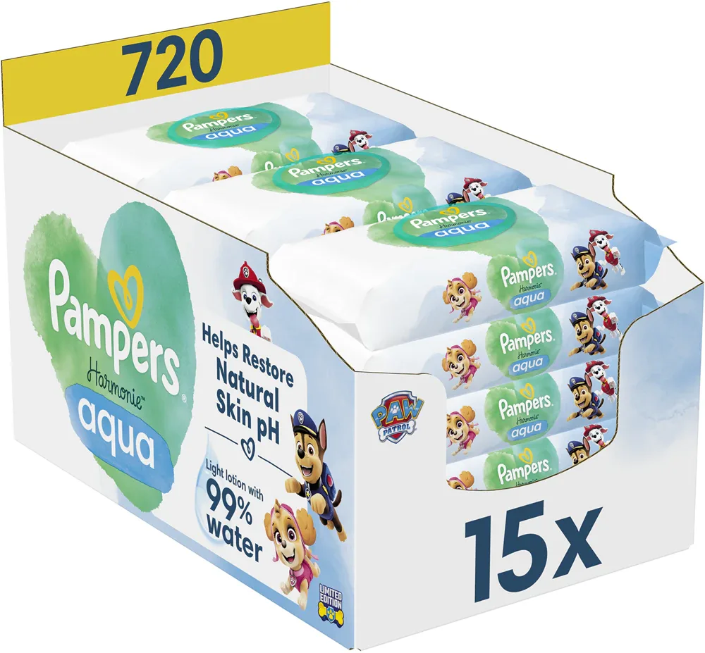 Pampers Harmonie Aqua Paw Patrol - Увлажняющие очищающие салфетки для детей, 144 шт