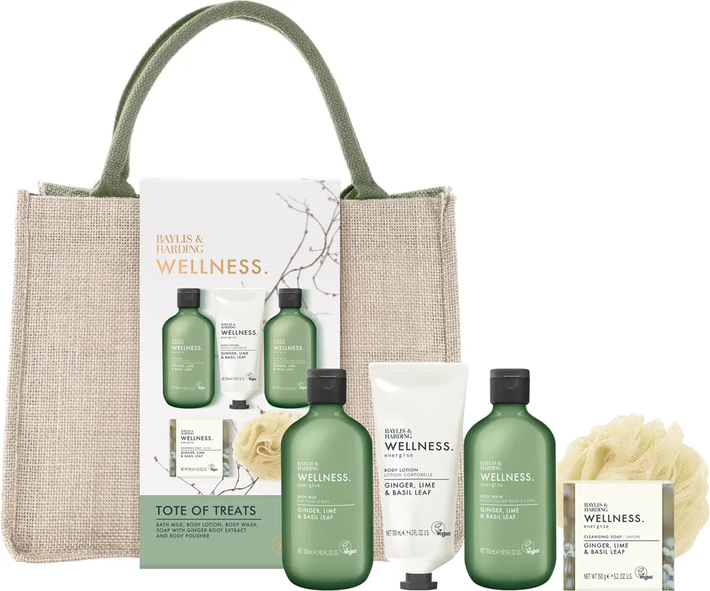 Baylis & Harding Wellness. Energise - Подарочный набор косметики для лица: сумочка косметичка Ginger, Lime & Basil Leaf Ginger, Lime & Basil Leaf