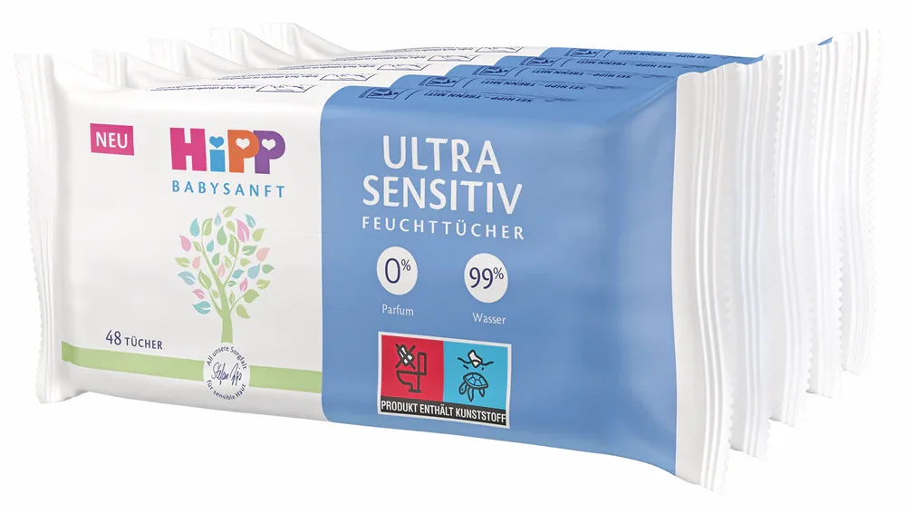 Влажные салфетки для детей Hipp Babysanft Ultra Sensitive для чувствительной кожи, с рождения, 5 × 48 шт