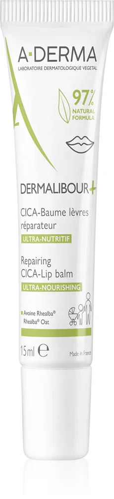 A-Derma Dermalibour+ - Питательный увлажняющий бальзам для губ, 15 мл
