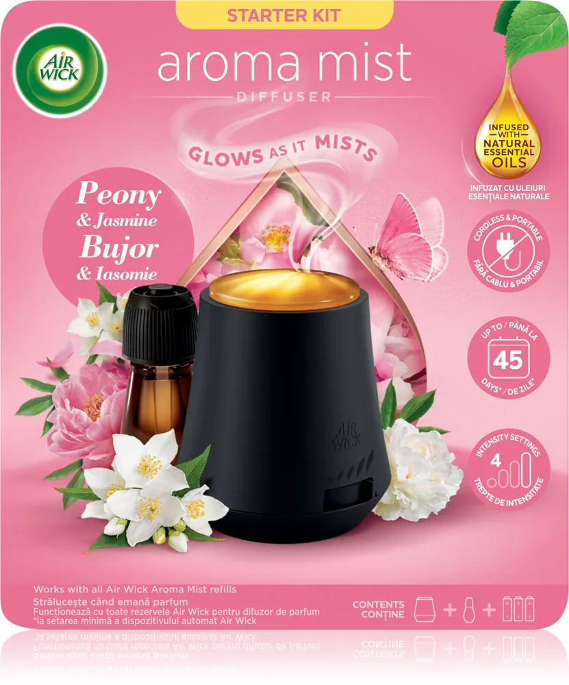 Air Wick Aroma Mist White Peony & Jasmine Blossom - Ароматический диффузор с заполнением и батарейками +baterie, 1 шт