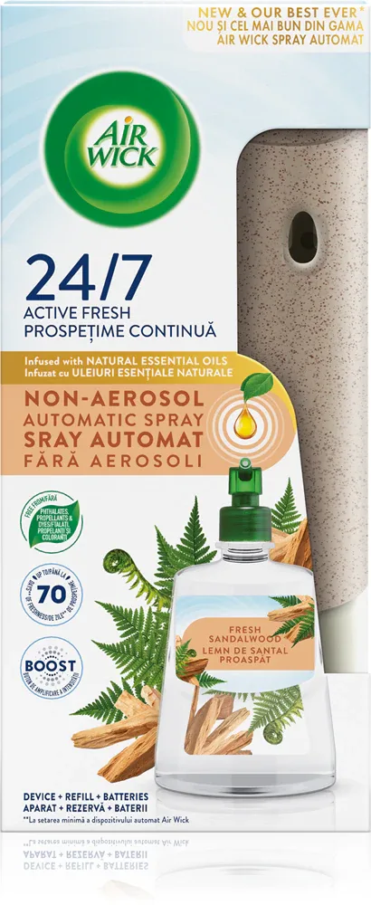 Air Wick Active Fresh Fresh Sandalwood - Автоматический освежитель воздуха с запасным блоком, 228 мл