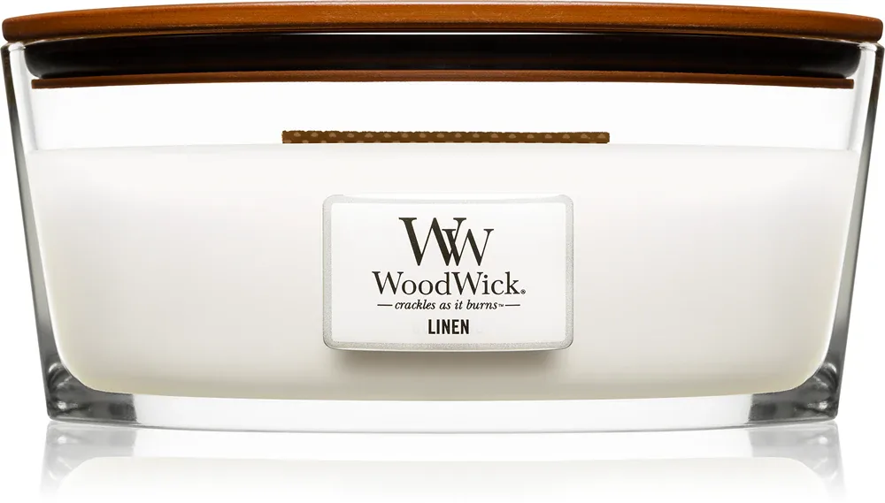 Woodwick Linen - Ароматическая свеча с деревянным фитилем (hearthwick) с деревянным фитилем (hearthwick), 453.6 г