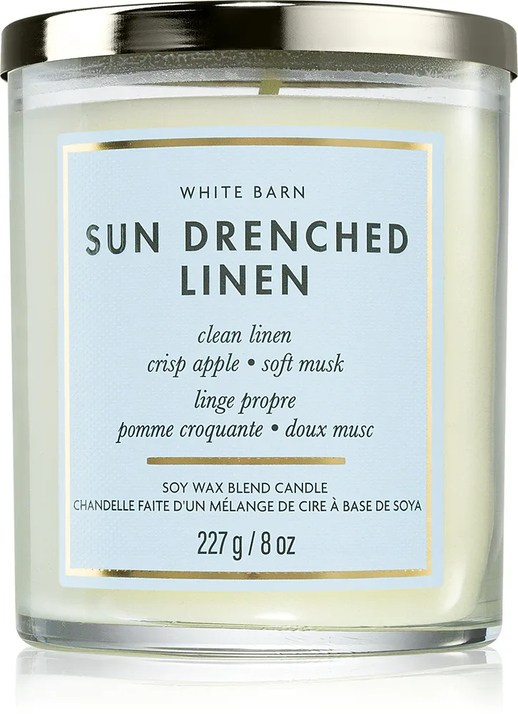 Bath & Body Works Sun Drenched Linen - Ароматическая свеча Bath Body Works Sun Drenched Linen, из соевого воска, свежий весенний аромат, 227 г, 227 г