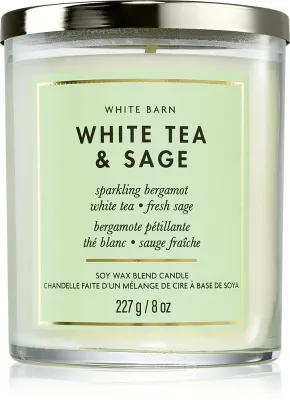 Bath & Body Works White Tea & Sage - Ароматическая свеча Bath Body Works White Tea Sage, из соевого воска, свежий аромат, 227 г, 227 г