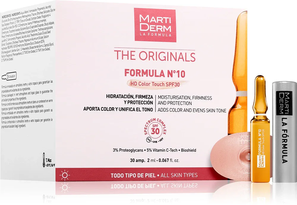 Сыворотка для лица MartiDerm The Originals Formula Nº10 HD Color Touch в ампулах, увлажняющая, 30 шт. по 2 мл, SPF 30 5 мл / SPF 30 30 мл