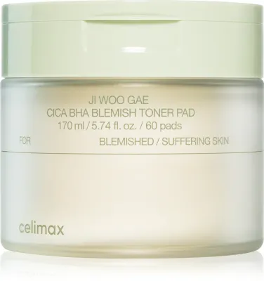 celimax Ji Woo Gae Cica BHA Blemish Toner Pad - Тоник для лица с отшелушивающими частицами для чувствительной кожи с предрасположенностью к прыщам, 60 шт