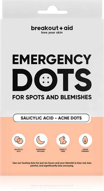 breakout + aid Emergency Dots For Spots and Blemishes - Местный уход против прыщей для лица, декольте и спины с салициловой кислотой, 72 шт