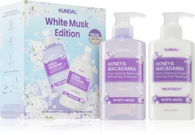 Набор для волос KUNDAL Honey Macadamia White Musk шампунь и увлажняющий уход для сухих и повреждённых волос, 2 x 500 мл
