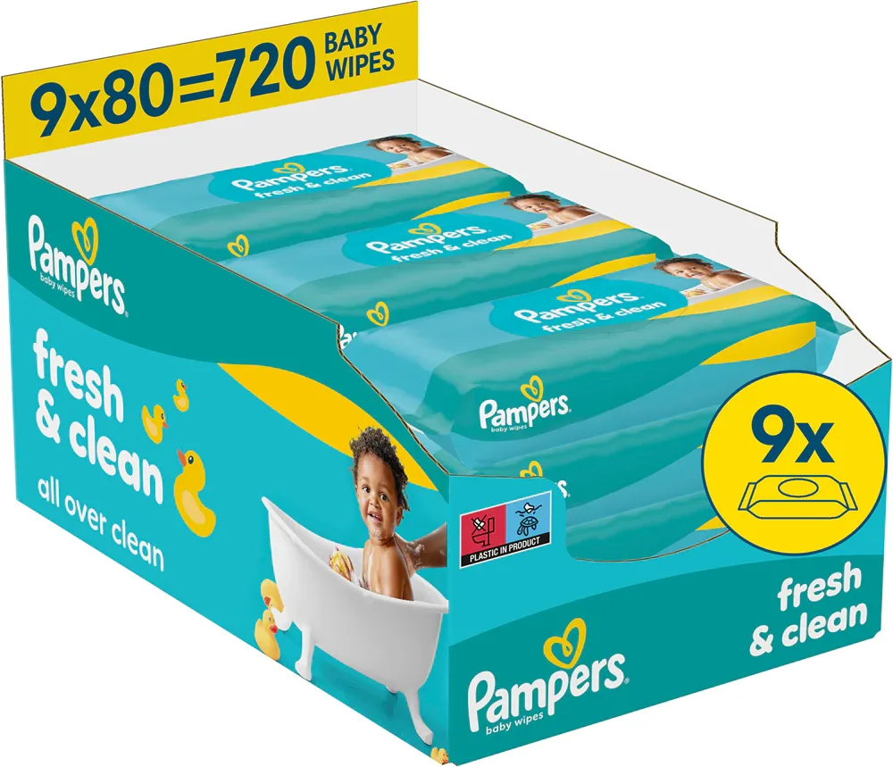 Влажные салфетки Pampers Fresh Clean для тела и лица, 9×80 шт