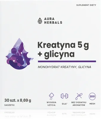 Добавка к пище Aura Herbals Kreatyna 5 г + Glycina с креатином и глицином, для спорта, 30 шт