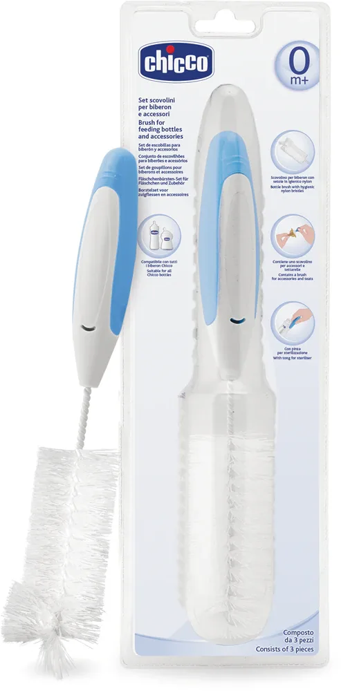 Ёршик для бутылочек Chicco Cleaning Brush с маленькой щёточкой для сосок, 1 шт 0m+