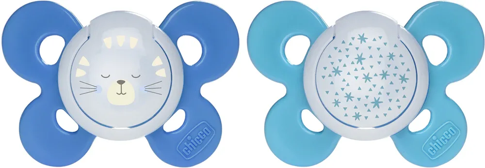 Соска-пустышка Chicco Physio Comfort Night 16-36 m силиконовая, светится в темноте, 2 шт