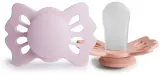 Пустышки FRIGG Lucky Size 1 силиконовые, ортодонтические, для возраста 0-6 месяцев, 2 шт Soft Lilac/Pretty in Peach — фото 1