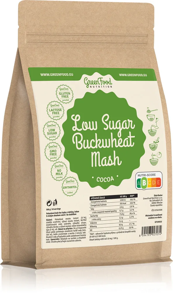 Каша гречневая GreenFood Nutrition Low Sugar Buckwheat Mash протеиновая, с низким содержанием сахара, вкус какао, 500 г smak Cocoa