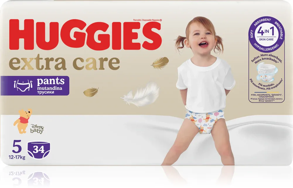 Трусики-подгузники Huggies Extra Care Pants Size 5 одноразовые, дышащие, высокая впитываемость, 34 шт 12 - 17 кг