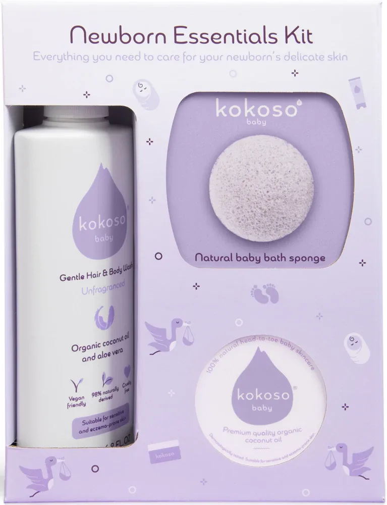 Набор для новорожденных Kokoso Baby Newborn Essentials Kit: кокосовое масло, гель для мытья тела и волос и губка dla dzieci od urodzenia