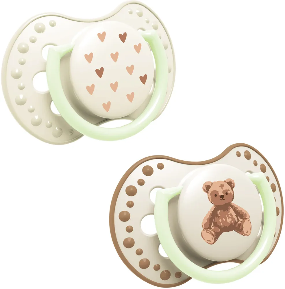 Пустышка LOVI Teddy Love силиконовая, симметричной формы, со светящимся кольцом, 2 шт