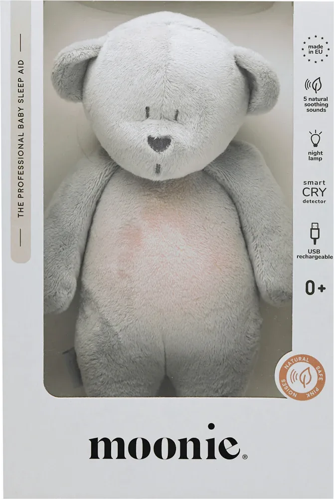 Игрушка-ночник Moonie Bear 2.0 Organic Silver плюшевая, со звуками, серая, 1 шт