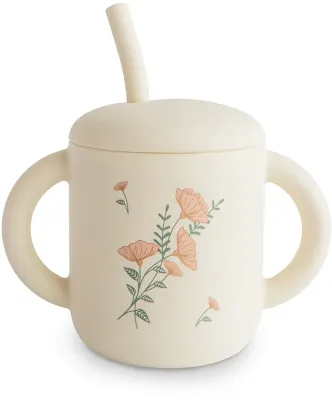Чашка-поилка детская Mushie Silicone Training Cup Pink Flowers с трубочкой, силиконовая, 170 мл