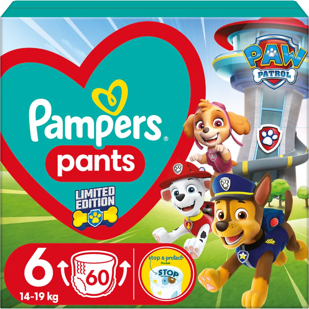 Трусики-подгузники Pampers Pants Paw Patrol Size 6 для детей 14–19 кг, с героями мультфильма, 60 шт 13-19 kg
