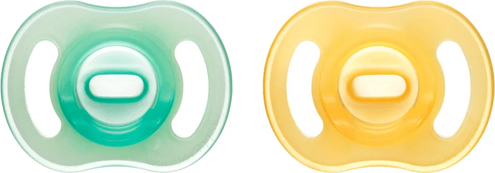 Пустышка Tommee Tippee Ultra Light Night силиконовая, со светящимся в темноте кольцом, 2 шт Yellow/ Green 0-6m