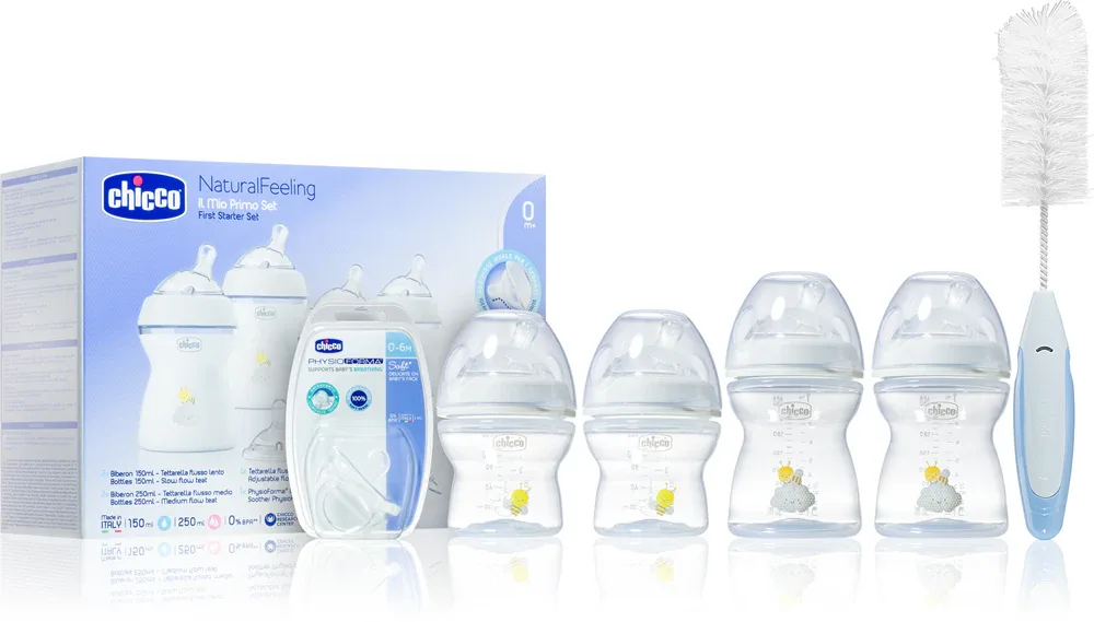 Набор для новорождённого Chicco Natural Feeling First Starter Set бутылочки 150 мл и 250 мл, соска, пустышка, щётка 0 m+