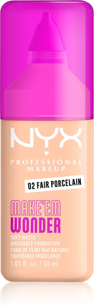 Тональный флюид NYX Professional Makeup Make Em Wonder матирующий, среднее покрытие, с гиалуроновой кислотой и витамином С, 30 мл, оттенок 02 Fair Porcelain