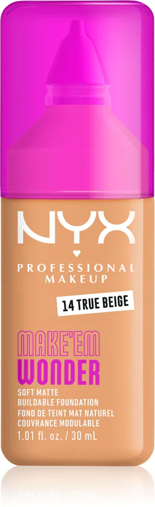 Тональный флюид NYX Professional Makeup Make Em Wonder матирующий, среднее покрытие, с гиалуроновой кислотой и витамином С, 30 мл, оттенок 14 True Beige