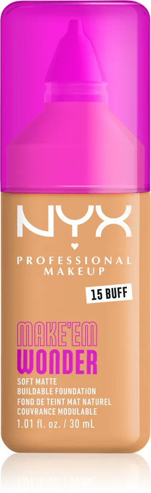 Тональный флюид NYX Professional Makeup Make Em Wonder матирующий, среднее покрытие, с гиалуроновой кислотой и витамином С, 30 мл, оттенок 15 Buff