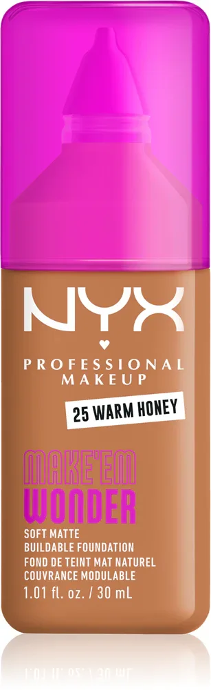 Тональный флюид NYX Professional Makeup Make Em Wonder матирующий, среднее покрытие, с гиалуроновой кислотой и витамином С, 30 мл, оттенок 25 Warm Honey