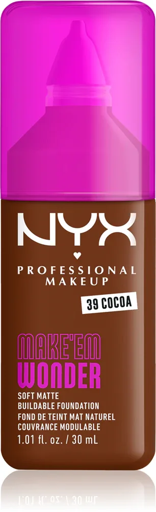 Тональный флюид NYX Professional Makeup Make Em Wonder матирующий, среднее покрытие, с гиалуроновой кислотой и витамином С, 30 мл, оттенок 39 Cocoa