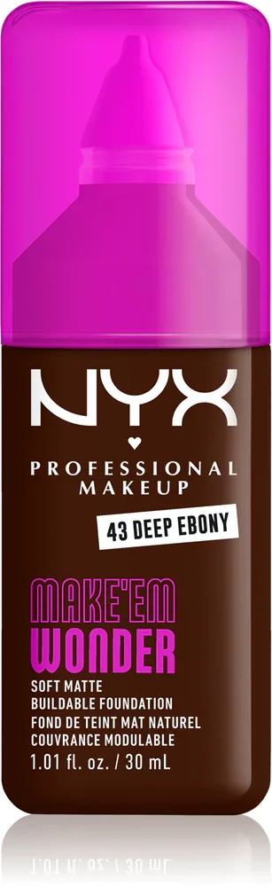 Тональный флюид NYX Professional Makeup Make Em Wonder матирующий, среднее покрытие, с гиалуроновой кислотой и витамином С, 30 мл, оттенок 43 Deep Ebony