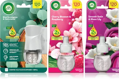 Набор освежителей воздуха Air Wick Cherry Blossom Rasberry Blue Eucalyptus Cedarwood Essential Oils Smooth Satin Moon Lily для электрического диффузора, 3 шт. по 19 мл