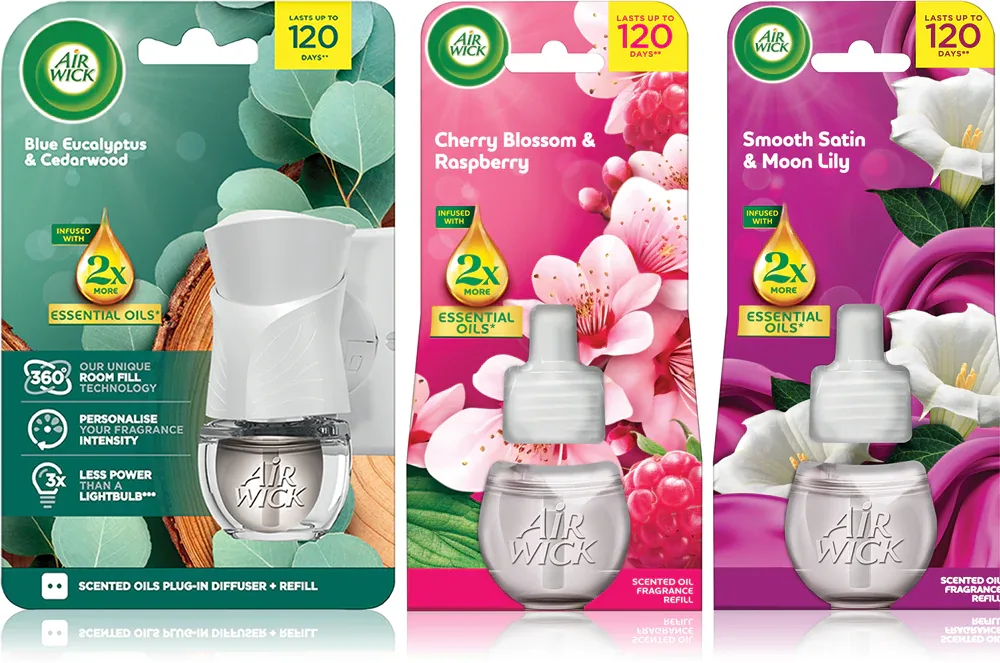 Набор освежителей воздуха Air Wick Cherry Blossom Rasberry Blue Eucalyptus Cedarwood Essential Oils Smooth Satin Moon Lily для электрического диффузора, 3 шт. по 19 мл