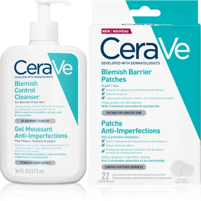 Набор для ухода за кожей лица CeraVe Cleansers Blemish Control Cleanser гель и патчи, для проблемной кожи, 473 мл + 22 шт
