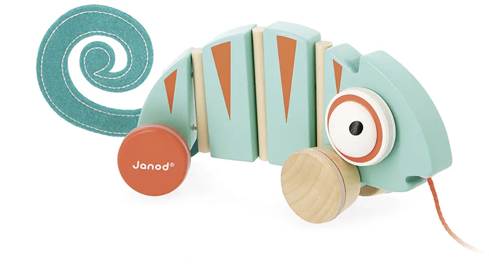 Игрушка-каталка Janod Tropik Pull-Along Chameleon деревянная, на верёвочке 12m+, 1 шт