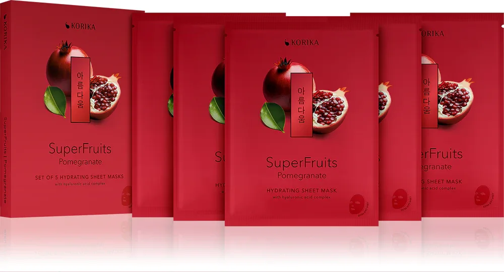 Набор тканевых масок для лица KORIKA SuperFruits Pomegranate Set of 5 Hydrating Face Sheet Masks увлажняющий, с экстрактом граната, 5 × 25 г