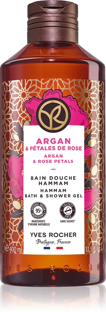 Гель для душа Yves Rocher Bain de Nature Argan Rose Petals с маслом арганы и розовой водой, увлажняет, 400 мл