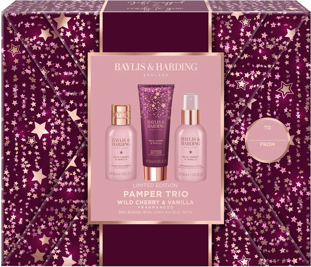 Baylis & Harding Wild Cherry & Vanilla - Набор косметики для тела Baylis Harding Wild Cherry Vanilla Gift Wrapped Pamper Trio подарочный, из трёх средств