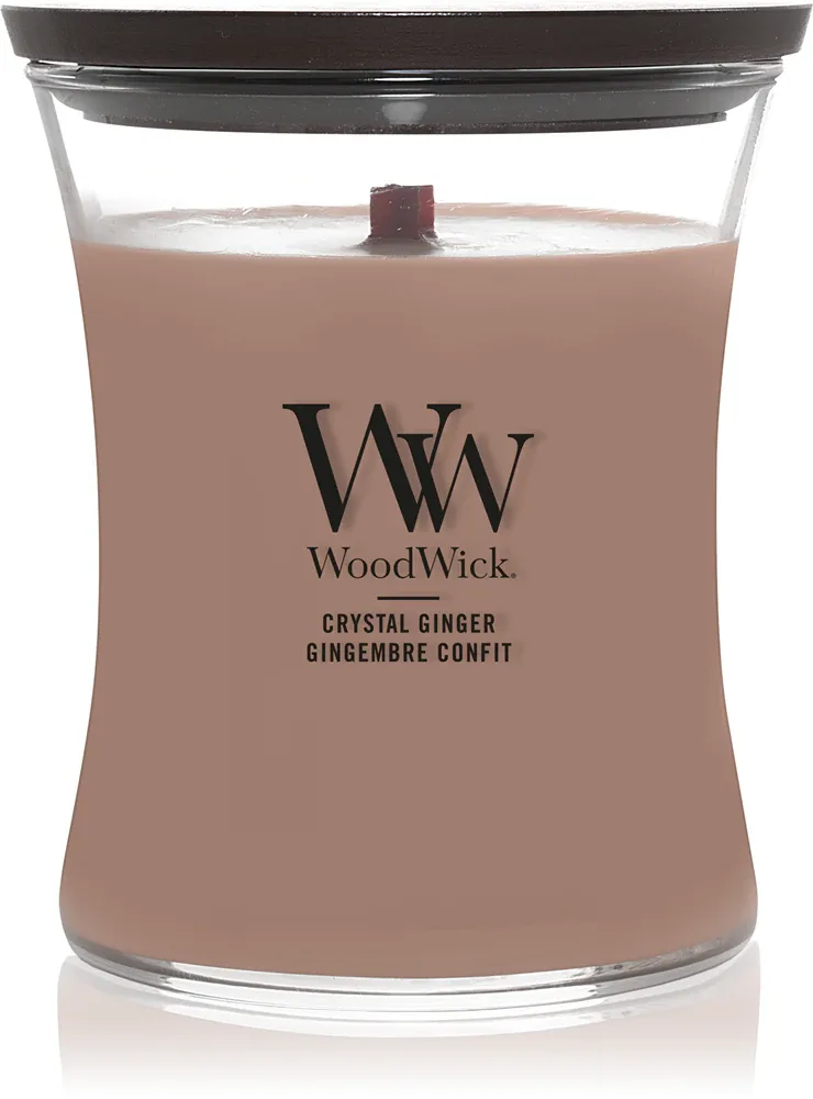 Свеча ароматическая Woodwick Crystal Ginger с деревянным фитилём, согревающий пряный аромат, z drewnianym knotem 275 г / z drewnianym knotem 610 г