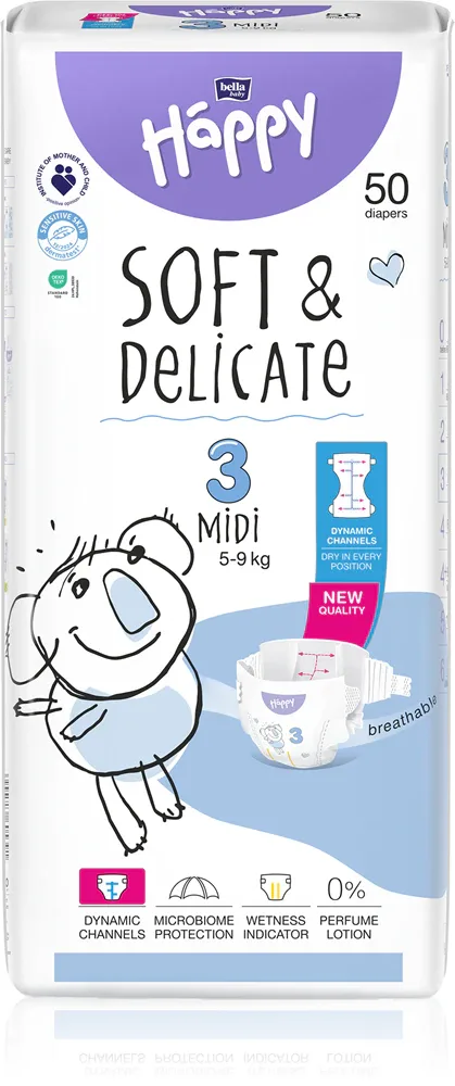 Подгузники детские BELLA Baby Happy Soft Delicate Midi 5–9 кг, с индикатором влажности, 50 шт