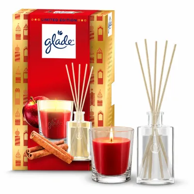 Подарочный набор GLADE ONE Twinkling Apple Cinnamon, ароматическая свеча и диффузор с палочками, 1 шт