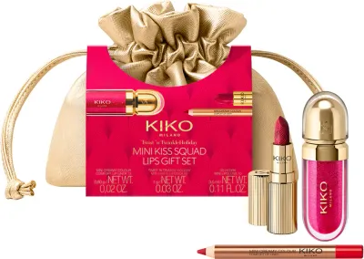 Подарочный набор KIKO Milano Twist 'N Twinkle Holiday Mini Kiss Squad карандаш, блеск и матовая помада для губ, с косметичкой mini