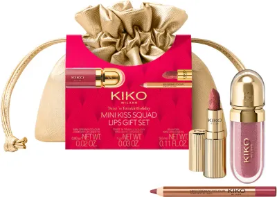 Подарочный набор KIKO Milano Twist 'N Twinkle Holiday Mini Kiss Squad блеск, контурный карандаш и матовая помада для губ, с косметичкой mini