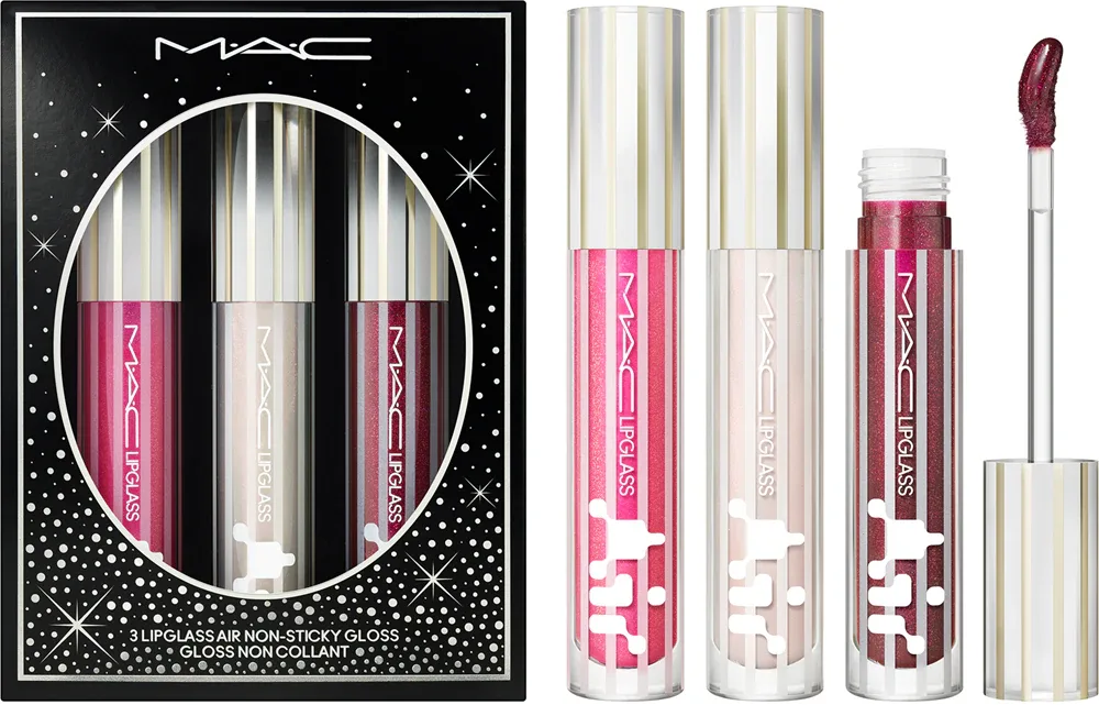 Набор блесков для губ MAC Cosmetics Holiday Festive Affair Lipglass Air Trio увлажняющие, подарочный, 3 шт. по 5 мл